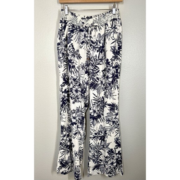 Beau Dawson Linen Blend Wide Leg Blue White Floral Pants Size L Beachy Coastal - Picture 2 of 14